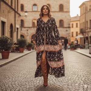 Böhme L Floral Crane Smocked Long Sleeve Tiered Maxi Dress Boho Cottage Prairie